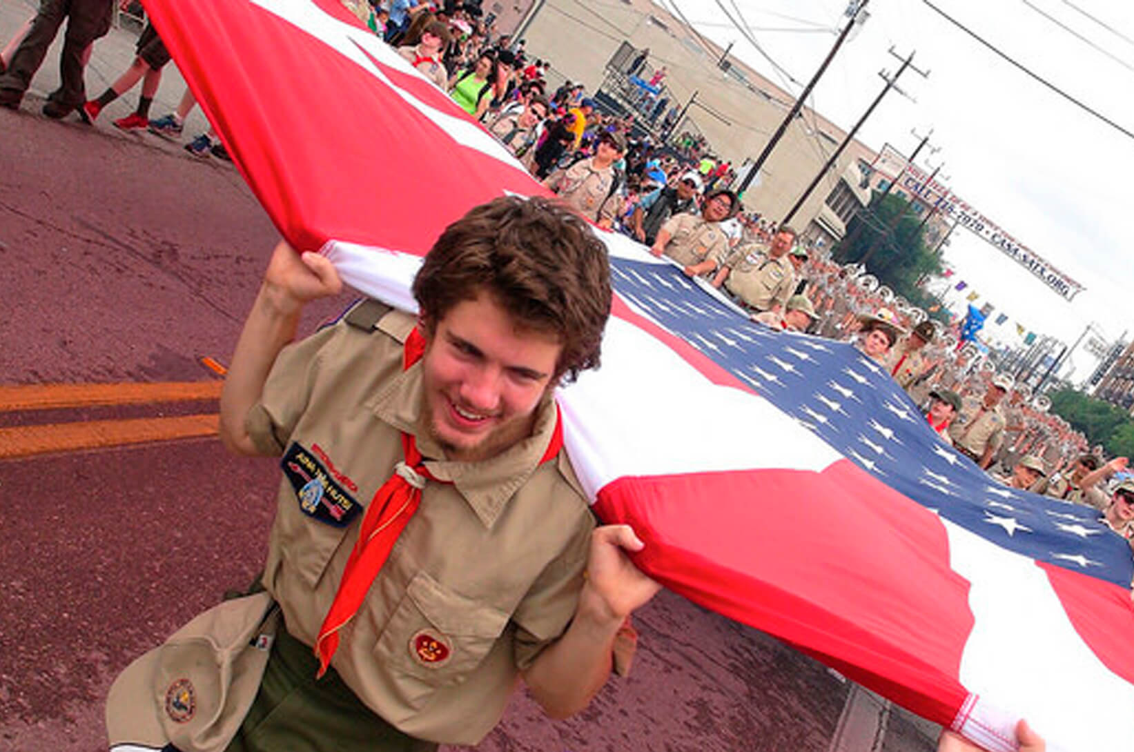 rappelling down climbing wall - Scouts BSA photo 2024